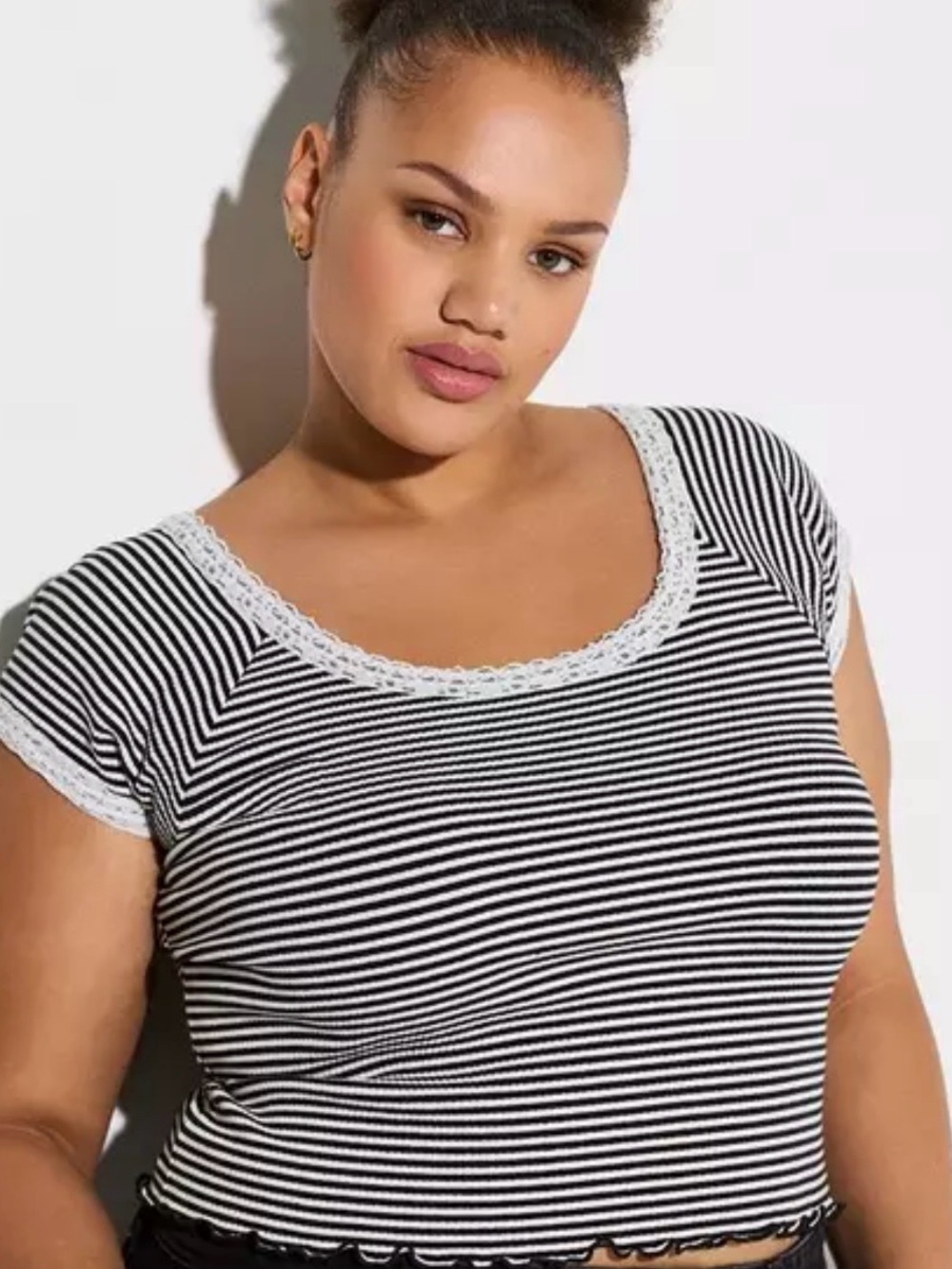 NWT Torrid LoveSick Lace Trim Rib Striped Black & White T Shirt